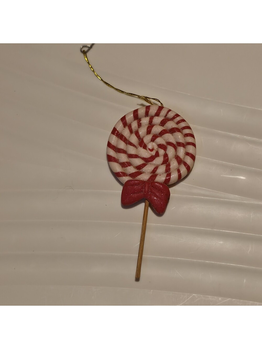 Vintage Polymer Clay Dough Red White Swirl Lollipop Christmas Ornament Bow